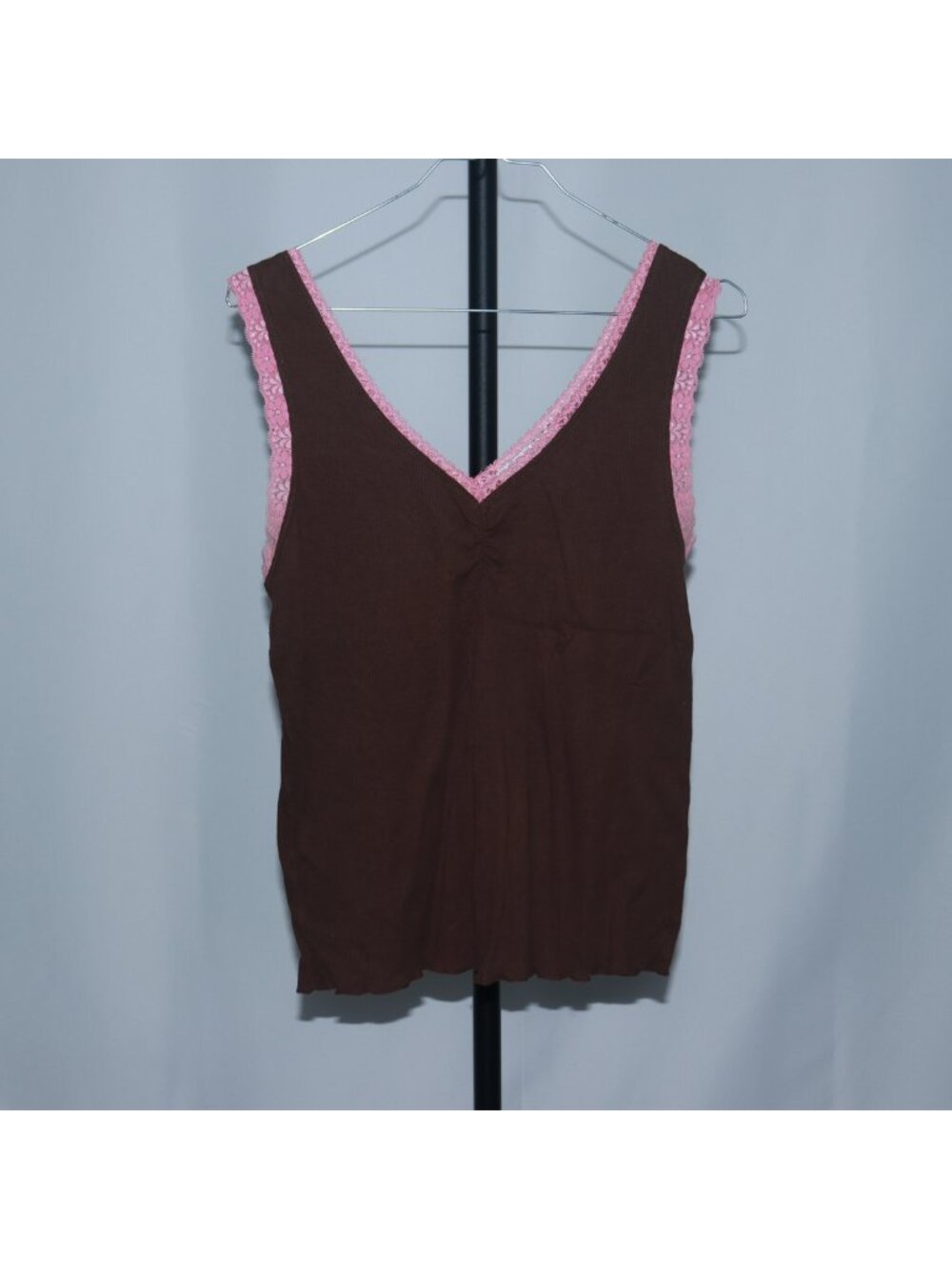 One Step Up Womens Vintage Lace Trim Tank Top Brown V-Neck Size L